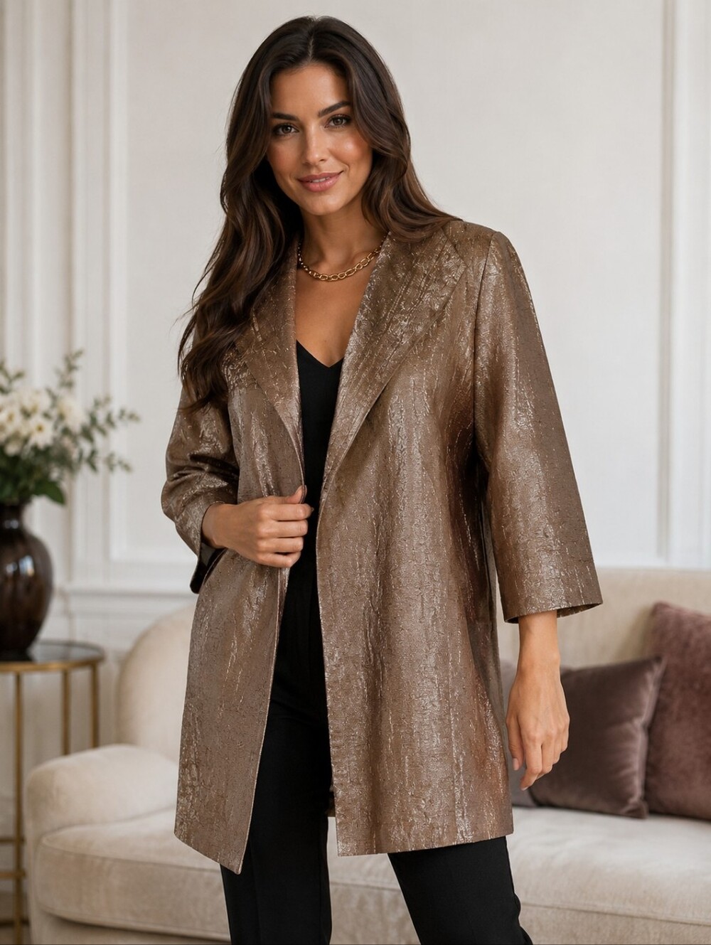 Eileen Fisher Silk Blend Brown Metalic Lurex Open Front Textured Coat. Medium.